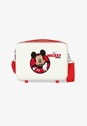 Bolso rectangular blanco con asa y correa rojas, con ilustración sonriente de Mickey Mouse y texto rojo "MICKEY MOUSE" en el panel frontal.