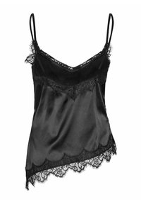 Mustast satiinist kampsun reguleeritavate spageti rihmadega, mis on kaunistatud keeruka musta pitsiga kaeluse ja ääre ümber, pehme tekstuur.