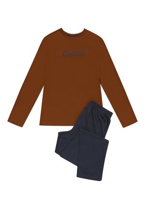 Brązowa koszula z długim rękawem z grafiką "HENDERSON", w połączeniu z granatowymi spodniami. Miękki materiał, luźny krój, swobodny styl.