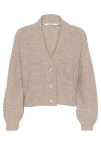 Béžový pletený kardigan s výstřihem do V, třemi velkými knoflíky a dlouhými mírně nafouklými rukávy. Měkká textura a zkrácený střih.