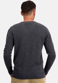 Mann mit kurzen dunklen Haaren, der einen dunkelgrauen langärmeligen Pullover und beigefarbene Hosen trägt, von hinten gegen einen schlichten hellen Hintergrund gerichtet.