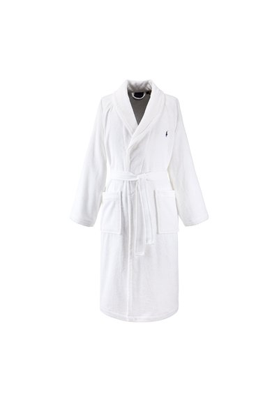 Peignoir de bain en coton blanc, à manches longues, avec un col châle, une ceinture nouée et deux poches avant. Tissu doux et texturé sans motifs.