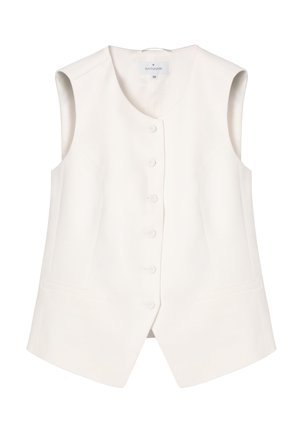 Biely bezrukávnik s okrúhlym výstrihom, so šiestimi gombíkmi vpredu a dvoma bočnými vreckami, veľkosť 36 od značky Tatuum.