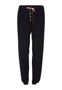 Czarne spodnie dresowe wykonane z miękkiej tkaniny. Posiadają sznurki w kolorze różowym, zapięcie na guziki oraz boczne kieszenie dla większej funkcjonalności.