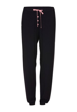 Czarne spodnie dresowe wykonane z miękkiej tkaniny. Posiadają sznurki w kolorze różowym, zapięcie na guziki oraz boczne kieszenie dla większej funkcjonalności.