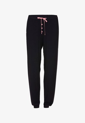 Czarne spodnie dresowe wykonane z miękkiej tkaniny. Posiadają sznurki w kolorze różowym, zapięcie na guziki oraz boczne kieszenie dla większej funkcjonalności.