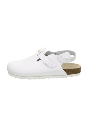 White closed-toe sandal with adjustable straps, cork footbed, and rubber sole designed for comfort and support.