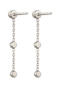 Sølvøreringe med to cirkulære detaljer på en kæde med led, med lukning bagpå og en glat metallisk tekstur.