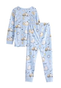 Blå pyjamas sæt med lange ærmer og bukser, udsmykket med et mønster af enhorn, skyer, stjerner og himmelske elementer. Blødt stof.