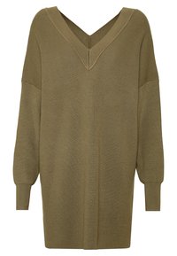 Pull oversized vert olive avec un profond col en V, texture côtelée, épaules tombantes et manches longues. Présente des détails de couture minimalistes.