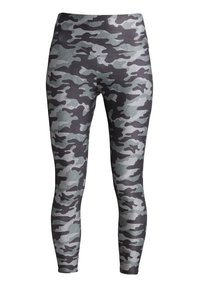 Legginsy z szaro-czarnym wzorem moro, zaprojektowane do aktywności fizycznej, pokazane na jednolitym tle.