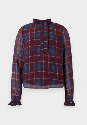 Bordeaux en blauwe geruite blouse met lange mouwen, met een gerimpelde hoge kraag, knoopsluiting en gerimpelde manchetten.