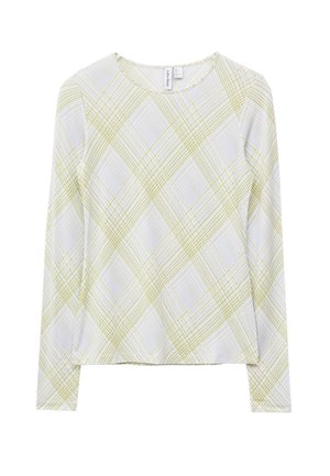 White long-sleeve top with crew neck, featuring a yellow and light gray crisscross line pattern creating a diamond grid design.