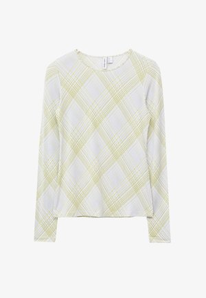 White long-sleeve top with crew neck, featuring a yellow and light gray crisscross line pattern creating a diamond grid design.