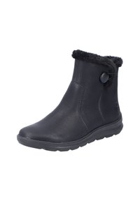 Botillon en cuir noir avec une doublure douce et pelucheuse au niveau du col, bout arrondi et un accent en bouton sur le côté ; semelle flexible pour plus de confort.