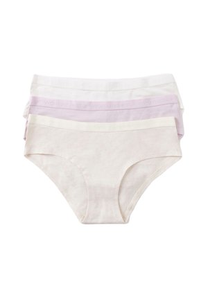 Quattro paia di mutandine di cotone da donna in colori chiari: due bianche, una di un tenue lavanda, una beige, con un morbido elastico in vita con testo impresso.
