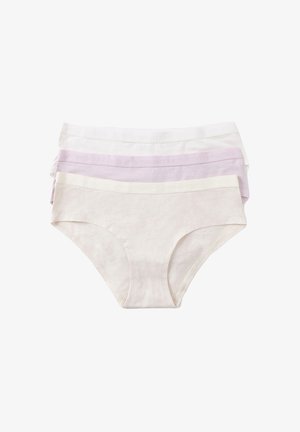 Vier paar lichte katoenen damesonderbroeken: twee witte, één lichtlila, één beige, met een zachte tailleband waarop gebosseleerde tekst staat.
