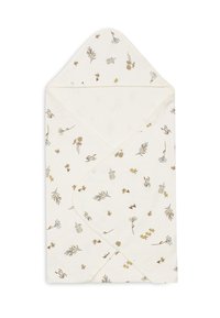 Serviette de bain pour bébé en coton avec capuche, de couleur crème, ornée d'un imprimé floral et animal dans des tons doux de marron et de vert ; coins arrondis ; couture texturée.