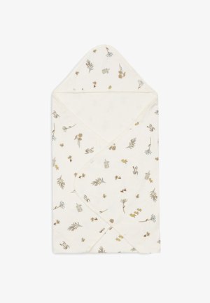 Serviette de bain pour bébé en coton avec capuche, de couleur crème, ornée d'un imprimé floral et animal dans des tons doux de marron et de vert ; coins arrondis ; couture texturée.