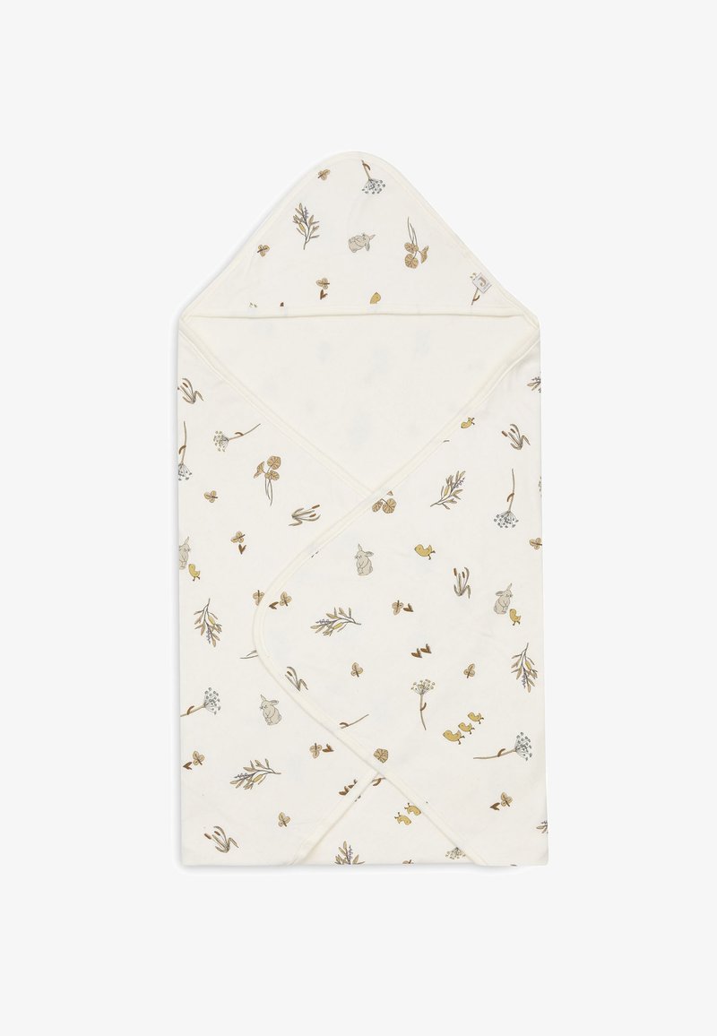 Serviette de bain pour bébé en coton avec capuche, de couleur crème, ornée d'un imprimé floral et animal dans des tons doux de marron et de vert ; coins arrondis ; couture texturée.