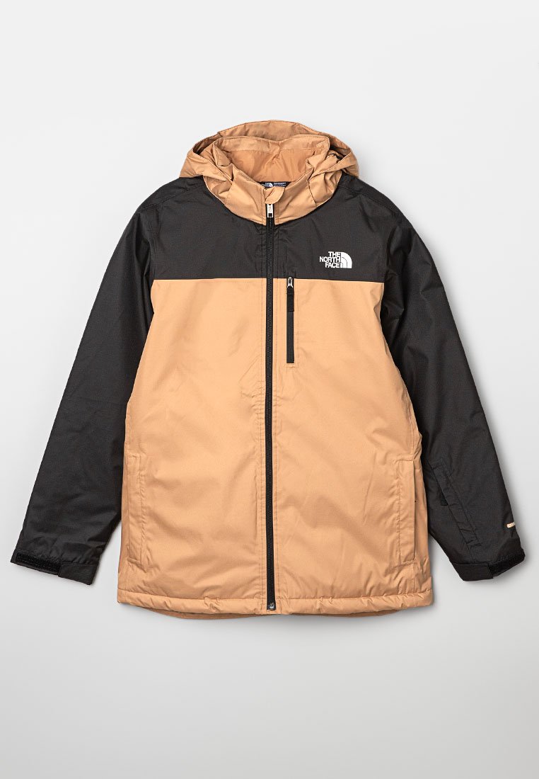 Veste isolée marron et noire avec fermeture éclair devant, capuche et logo sur la poitrine. Comprend des poches latérales et un design de couleur contrastante.