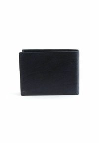 Portefeuille en cuir noir avec une texture lisse, design pliable en deux, forme rectangulaire et couture discrète le long des bords. Pas de matériel visible.