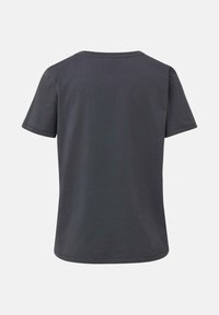 Koszulka z krótkim rękawem w ciemnoszarym kolorze z bawełny, okrągły dekolt, luźny krój, gładka faktura, prosty design. Brak widocznych logo lub wzorów.