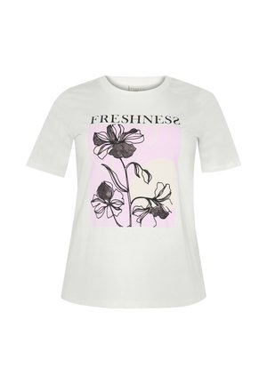 White cotton t-shirt featuring a floral graphic in black on a pastel pink background, with the word "FRESHNESS" in bold black letters above.