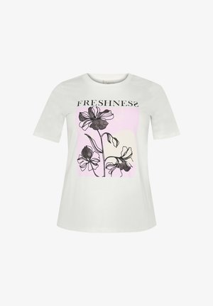 Valge puuvillane T-särk, millel on must lilleneedis graafika pastellroosa taustal, ja sõna "VÄRSKUS" paksude mustade tähtedega ülal.