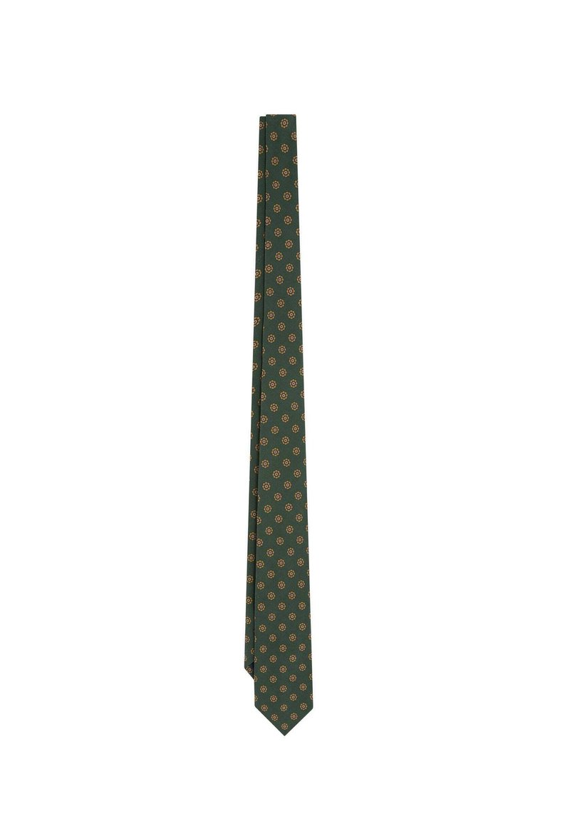 Corbata verde con un patrón geométrico de pequeños círculos naranjas y blancos. Hecha de una tela suave, presenta una punta afilada y un diseño delgado.