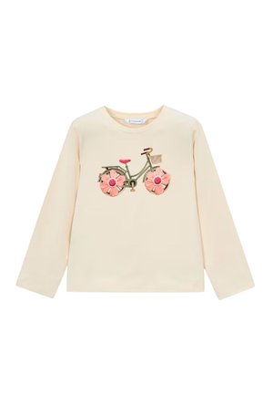 Maglia beige a maniche lunghe con grafica di una bicicletta verde, con ruote a forma di fiori rosa e un piccolo cestino frontale.