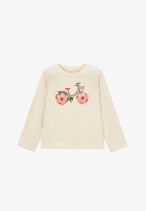 Maglia beige a maniche lunghe con grafica di una bicicletta verde, con ruote a forma di fiori rosa e un piccolo cestino frontale.