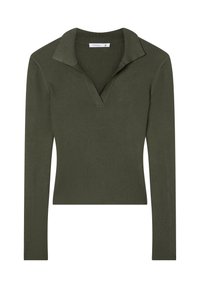 Prążkowany, długi rękaw, w kolorze ciemnozielonym, z kołnierzykiem i dekoltem w kształcie litery V. Posiada dopasowany krój i miękką fakturę, idealny do noszenia na warstwy.