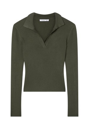 Top a maniche lunghe a coste in verde scuro con design a V con colletto. Presenta una vestibilità slim e una texture morbida, ideale per essere indossato a strati.