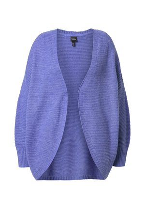 Cardigan viola lavorato a maglia con apertura anteriore, texture morbida, spalle scese e orlo a coste. Presenta una vestibilità rilassata e oversize.