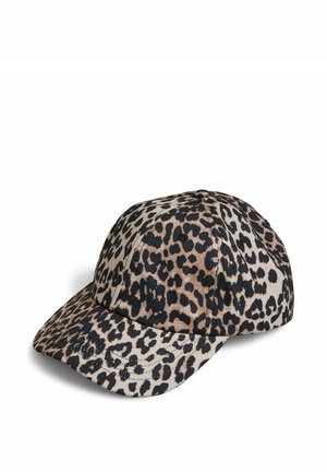 Șapcă de baseball cu model de leopard maro și negru, design cu șase panouri și cozoroc curbat pe fundal alb.