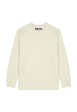 Maglietta crema a maniche lunghe con scollo a girocollo e polsini a costine, fronte semplice e etichetta "MIRA PARIS" visibile all'interno del colletto.