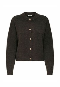Dunkelgraue Strickjacke mit runder Halslinie, langen Ärmeln und sechs metallischen Knöpfen an der Vorderseite. Weicher Stoff; cropped Design.