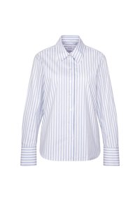 Chemise blanche à manches longues avec boutons, fines rayures verticales bleues et col large pointu.