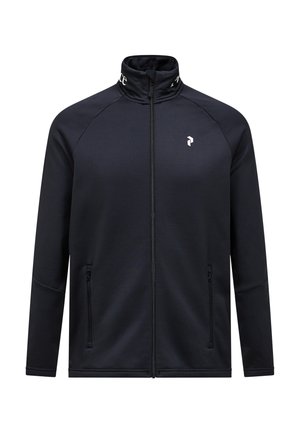 Marineblaue Zip-Jacke mit hohem Kragen, Raglanärmeln und zwei mit Reißverschluss versehenen Taschen. Mit einem dezenten Logo auf der Brust. Weicher, glatter Stoff.