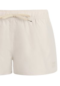 Lysebeige badeshorts med elastisk talje og bundet snor, med en lille logo på nederste højre ben.