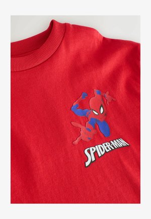 Sweat-shirt en coton rouge avec un graphisme en relief de Spider-Man en bleu et rouge, avec le texte "SPIDER-MAN" en blanc en dessous.