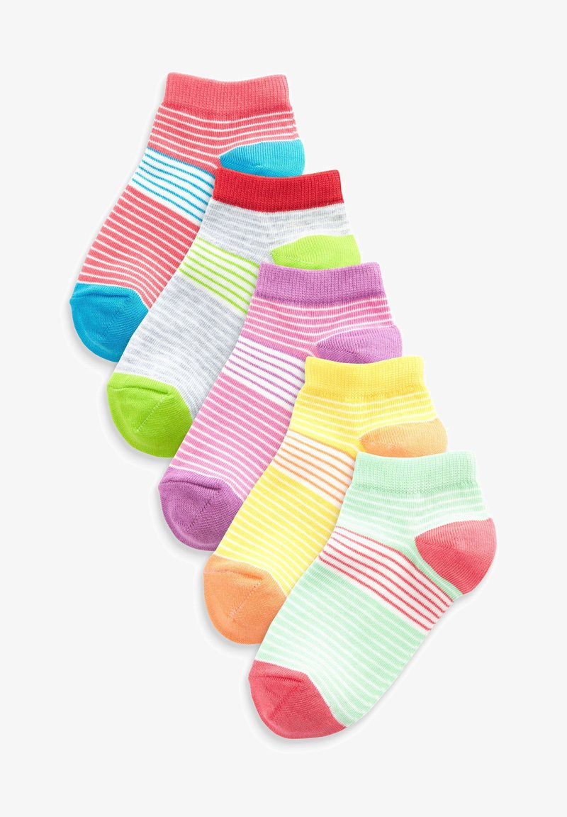 Set of six ankle socks in various colors, featuring stripes and contrasting toe and heel accents. Materials are soft and stretchy.