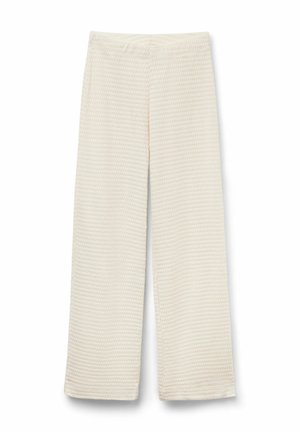 Pantalones anchos de color crema con tejido de punto texturizado y cinturilla elástica, adecuados para uso casual.
