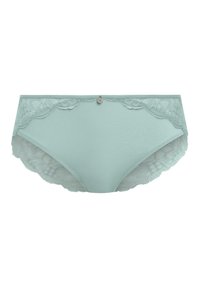 Licht turquoise ondergoed met kant, een gladde body, decoratieve zilveren hardware in het midden en golvende randen. Over het algemeen een zachte textuur.