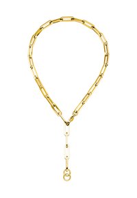 Goldkette mit länglichen, ineinandergreifenden Gliedern. Besitzt ein Y-förmiges Design mit einer zentralen Hängeschlaufe an der Unterseite. Polierte Oberfläche.