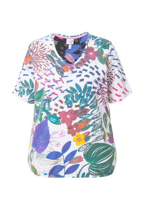 Camiseta blanca de manga corta con un vibrante patrón floral en verdes, rosas, morados y amarillos, con diseño de cuello en V.