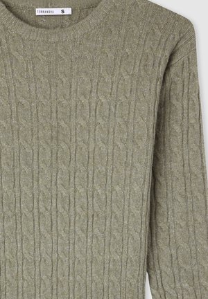 Maglione a coste in un verde oliva chiaro con scollatura rotonda, taglia piccola, con etichetta Terranova all'interno del colletto.