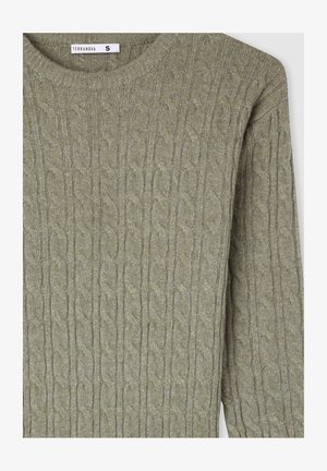 Maglione a coste in un verde oliva chiaro con scollatura rotonda, taglia piccola, con etichetta Terranova all'interno del colletto.