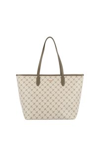 Borsa a tracolla in tela beige con motivo ripetuto; presenta due manici verde oliva e una forma strutturata. Nessun ulteriore hardware o decorazioni.